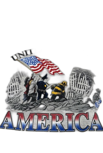 Vintage 9/11 t-shirt graphic — United We Stand, firefighters raising the flag at Ground Zero