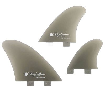 Lovelace Asymmetrical Goofy - FCS Compatible (Solid Fiberglass) surfboard fin in Smoke by True Ames - Pemulis Water & Power (transparent)
