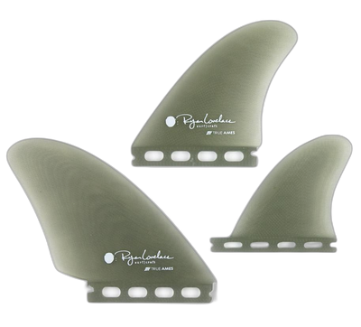 Lovelace Asymmetrical Goofy - Futures Compatible (Solid Fiberglass) surfboard fin in Smoke by True Ames - Pemulis Water & Power (transparent)
