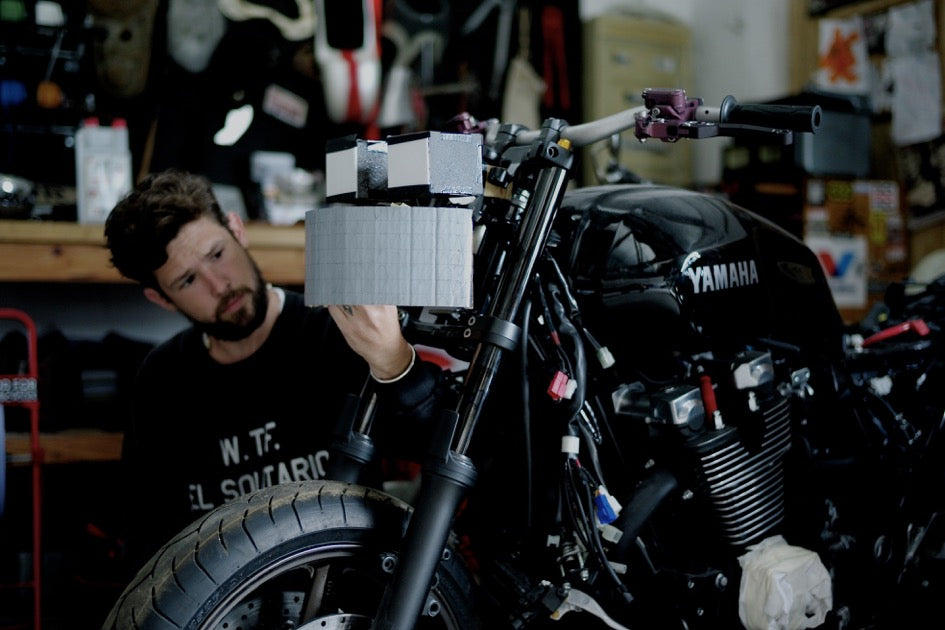 David Borras fitting a fairing to the Big Bad Wolf Yamaha in El Solitario's workshop