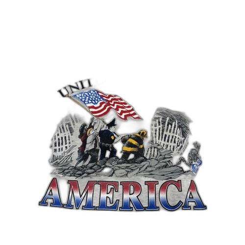 Vintage 9/11 t-shirt graphic — United We Stand, firefighters raising the flag at Ground Zero