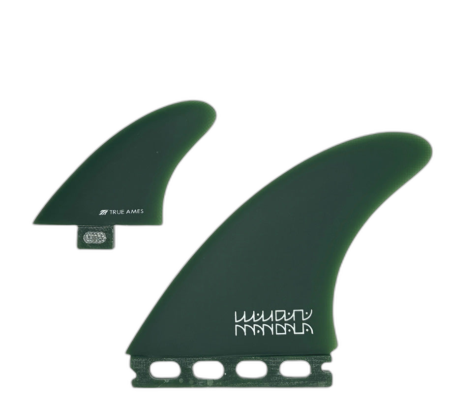 Mandala Twinzer - FCS / Futures Compatible (Solid Fiberglass) surfboard fin in dark green - twinzer fins by True Ames at Pemulis Water & Power