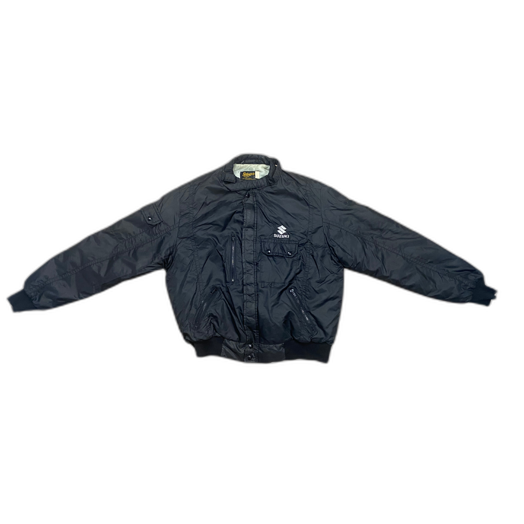 Vintage Suzuki Motorcycle Bomber Jacket - front view, vintage motorcycle jacket on transparent background