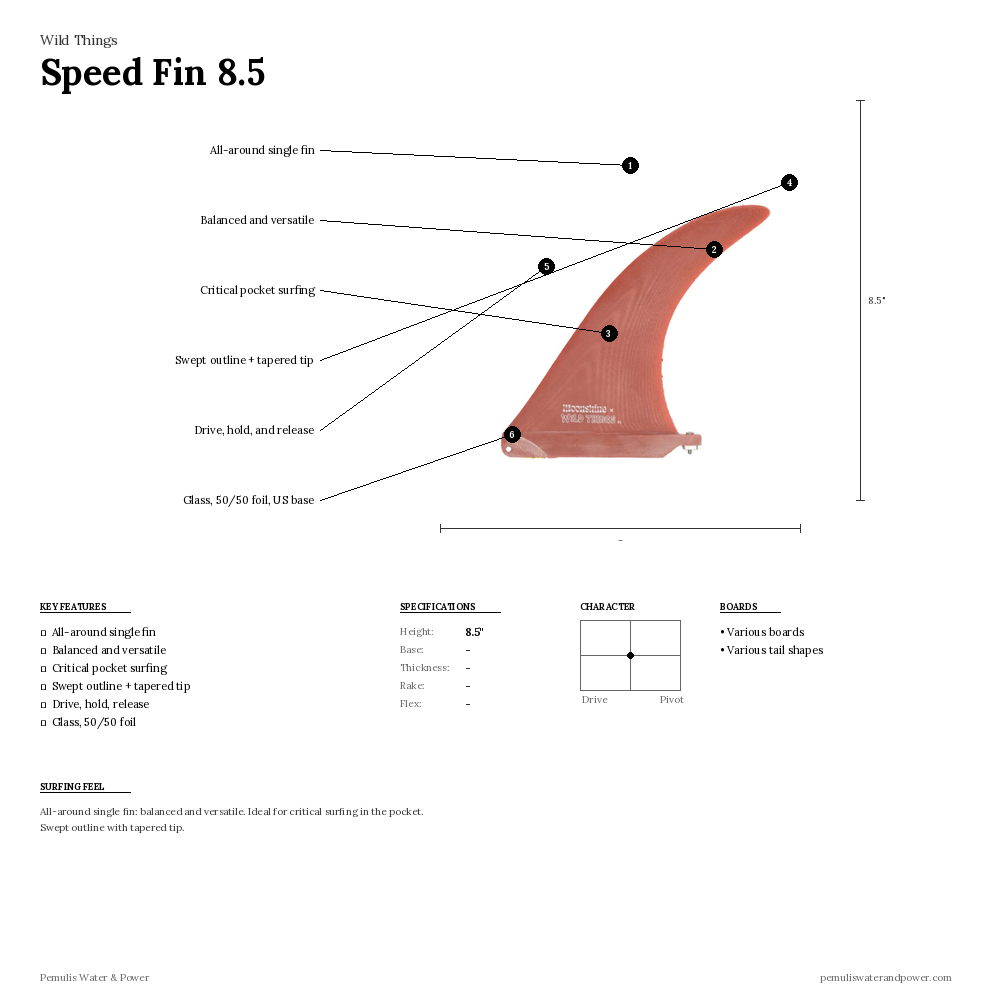 Wild Things Speed Fin 8.5 specs diagram - balanced all-around fin